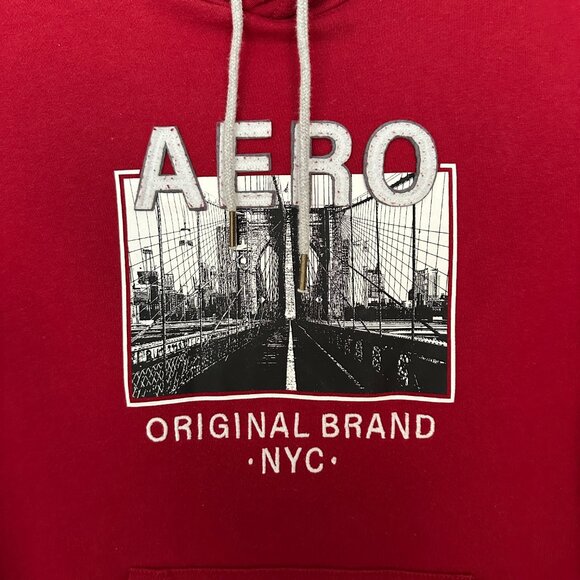 AEROPOSTALE MEN'S AERO LOGO POPOVER HOODIE IN RED FLEECE FABRIC, SIZE S (SMALL) - Picture 4 of 10